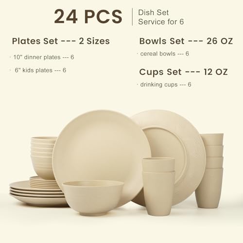 Homienly 24 PCS Premium Wheat Straw Dishes Set for 6, Reusable Plates and Bowls Sets,Cups,Lightweight & Unbreakable Dishwasher and Microwave Safe Dinnerware Sets for Kitchen,Outdoor- Beige