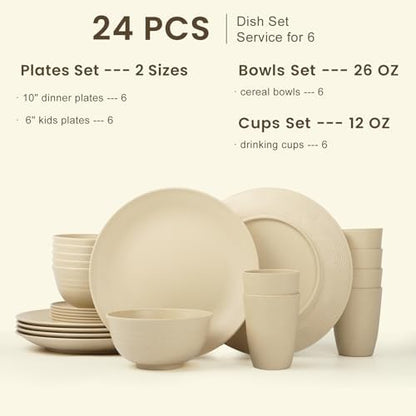 Homienly 24 PCS Premium Wheat Straw Dishes Set for 6, Reusable Plates and Bowls Sets,Cups,Lightweight & Unbreakable Dishwasher and Microwave Safe Dinnerware Sets for Kitchen,Outdoor- Beige
