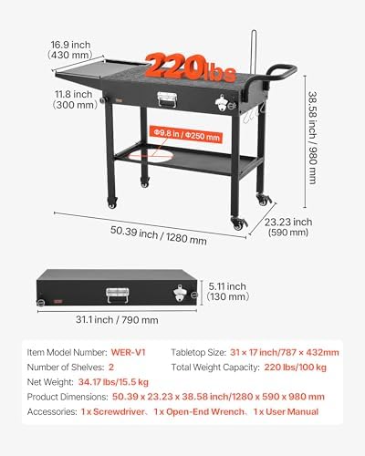 VEVOR Outdoor Grill Cart, 31.0 x 17.0 inch Tabletop Size Grilling Table, Foldable Outdoor Cooking Table with Tissue Holder, Hooks, Wheels, Side Table, BBQ Prep Tables for Picnic, Kitchen, Courtyard