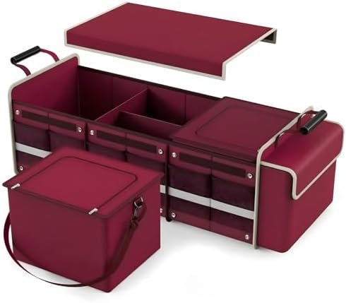 Large Trunk Organizer for SUV with Premium Portable Cooler Bag, Car Organizers and Storage with Foldable Cover, Collapsible Car Trunk Bed Organizer for Truck, 2 Retractable Straps, 90L+20L, Wine Red-C