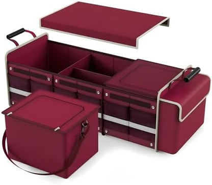 Large Trunk Organizer for SUV with Premium Portable Cooler Bag, Car Organizers and Storage with Foldable Cover, Collapsible Car Trunk Bed Organizer for Truck, 2 Retractable Straps, 90L+20L, Wine Red-C