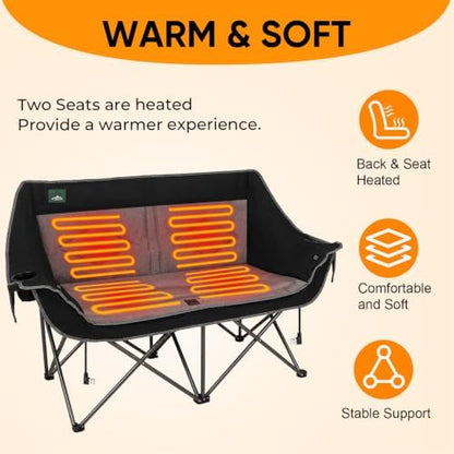 Northroad Heated Folding Loveseat Camping Chair Portable Double Duo Full Padded Garden Chair for 2 Person w/ 2 Cup Holder,Wine Glass Holder,Mesh Storage (Battery NOT Included)