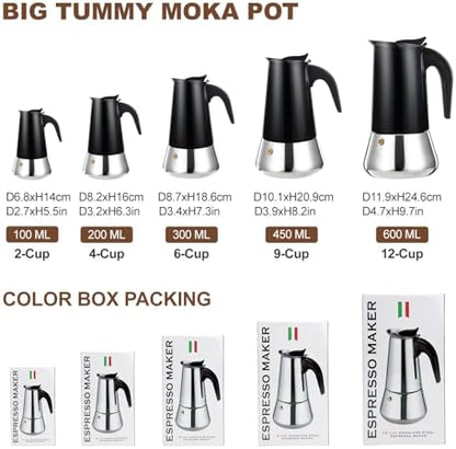 2 Cup Stovetop Espresso Maker Stainless Steel Moka Pot Stove Top Percolator Italian Coffee Makers Capable Mocha Greca Machine Cafe Classic Induction Cookers for Home and Camping 100ml 3.3oz