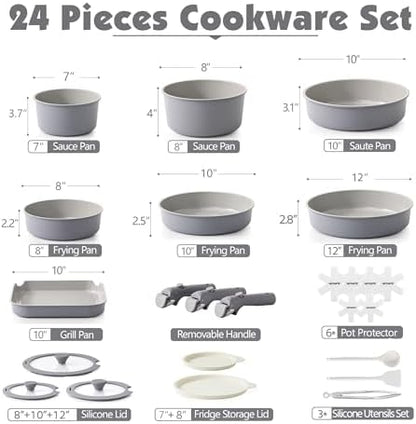 SENSARTE 24 Piece Ceramic Detachable Handle Pots and Pans Set Gray