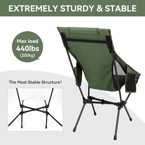 High Back Camping Chair for Adults, Folding Chair Supports 440 lbs, Lightweight Portable Backpacking Chair with Adjustable Pillow for Hiking & Camping