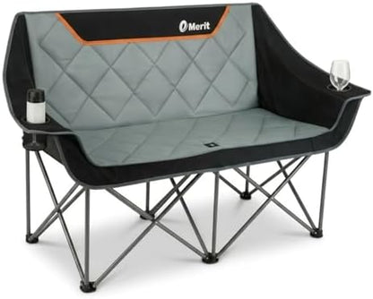 EMERIT Oversized Fully Padded Camping Chair, Heavy Duty 650LB Folding Camping Loveseat, Quad Fold Double Camping Couch with Cup Holders & Carry Bag for Outdoor, Lawn, Sports Events Black