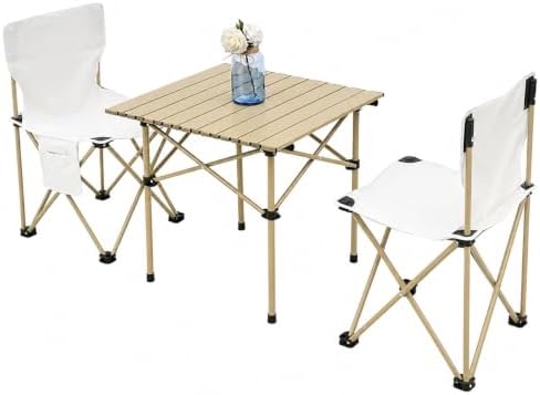 Camping Table with 2 Chairs, Portable Folding Picnic Table Set-Beige
