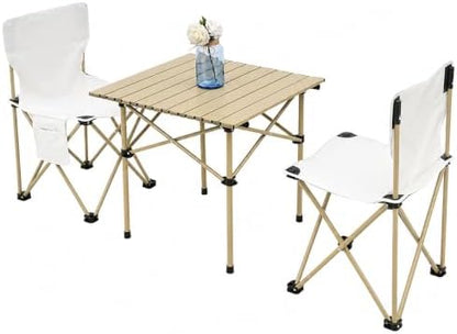 Camping Table with 2 Chairs, Portable Folding Picnic Table Set-Beige