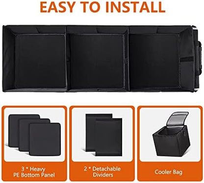 AOPHY Car Trunk Organizer with Insulated Cooler Bag, Foldable & Waterproof Storage Organizer with Lid for SUV, Truck, Sedan - 4 Large Adjustable Compartments, Heavy Duty & Collapsible Design