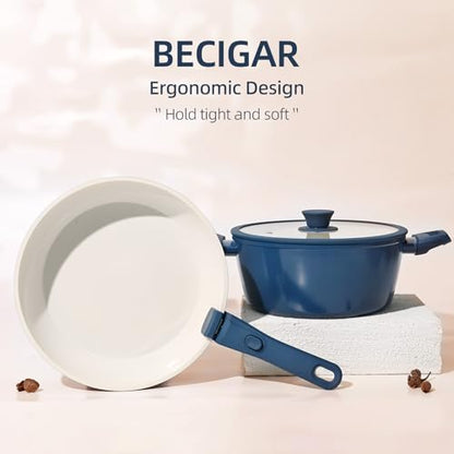 BECIGAR 23pcs Ceramic Pots and Pans Set, Nonstick Detachable Handle Cookware, Induction Kitchen Cooking Set with Removable Handle,include Frying Pans & Saucepans Oven Safe(Blue)