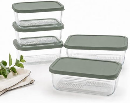 Glass Food Storage Containers with Lids - 10 Piece - 3 x 25.4 oz & 2 x 57.5 oz Glass with BPA-Free Leak Resistant Stackable Lids - Microwave, Oven & Dishwasher Safe - Ideal for Meal Prep - Soft Sage