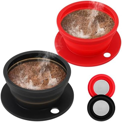 2-Packs Paperless Collapsible Travel Pour Over Coffee Maker with Metal Filter - Single Serve Camping Pour Over Coffee Maker Set - Travel Collapsible Pour Over Coffee Dripper kit (Black+Red)