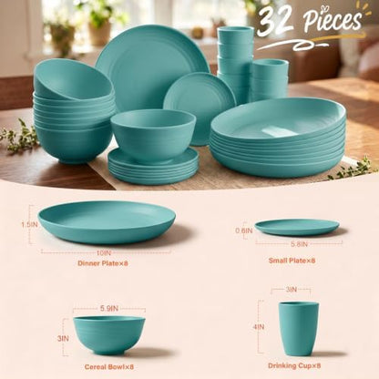 Wheat Straw Dinnerware Sets 32-Piece, Plate and Bowl set - Green
