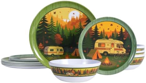 12-Piece Melamine Dinnerware Set for 4, Camping Plates and Bowls for RV Use