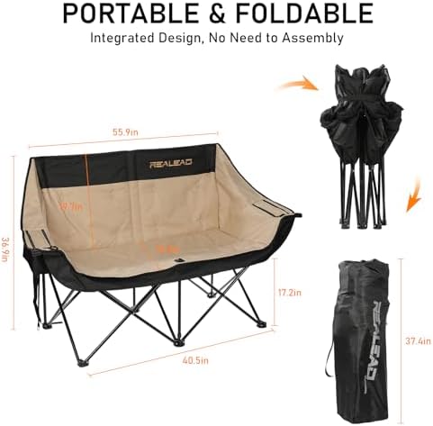 REALEAD Double Camping Chair Heavy Duty Camping Couch Support 650 lbs