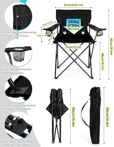 2PCS Camping Chairs with Detachable Umbrella, HaSteeL Folding Beach Chair for Adults, Large Portable Foldable Chair for Outdoors Fishing Hiking Travel Picnic Lawn, Supports 275lbs, Storage Bags, Black
