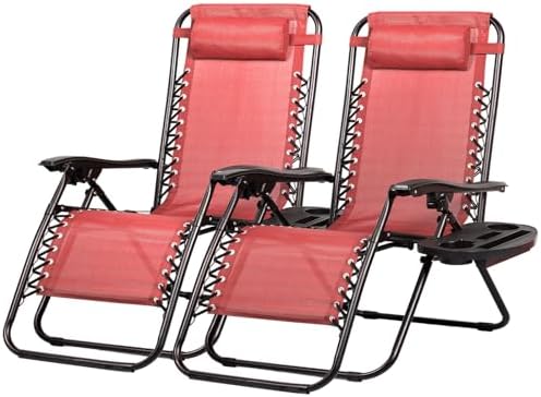 Nazhura Set of 2 Relaxing Recliners Patio Chairs Adjustable Steel Mesh Zero Gravity Lounge Chair Beach Chairs with Pillow and Cup Holder Khaki (Pink)