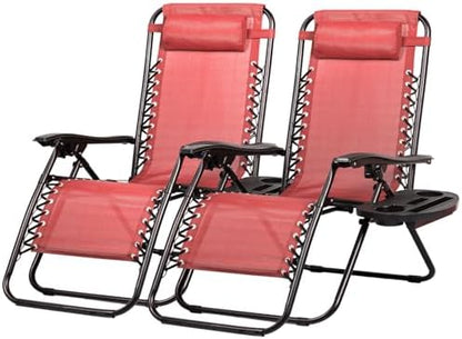 Nazhura Set of 2 Relaxing Recliners Patio Chairs Adjustable Steel Mesh Zero Gravity Lounge Chair Beach Chairs with Pillow and Cup Holder Khaki (Pink)