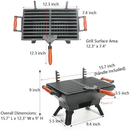 Sungmor Compact Cast Iron Charcoal Grill - Tabletop BBQ Grill with Adjustable Grate & Wooden Handles, 12” x 7” Ideal for 1-3 People - Portable Heavy-Duty Grill for Camping, Balcony & Small Spaces