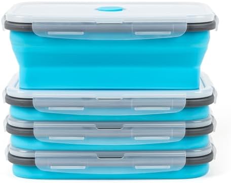 Collapsible Silicone Food Storage Containers Set with Lid & Air Vent,Foldable Lunch Containers(4PCS,Blue,40oz)