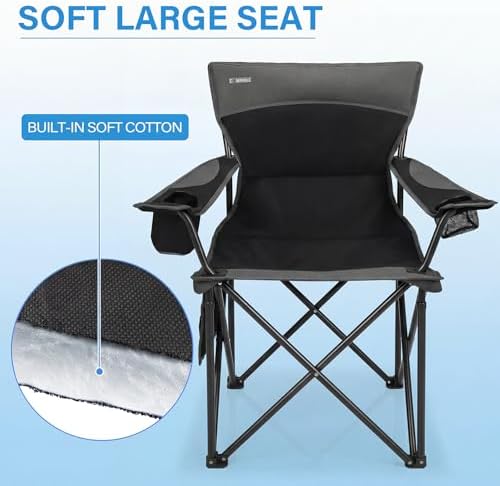Oversized Camping Chair for Adults - 2 Pack Padded Lawn Chairs with Cup Holder & Side Pocket,Heavy Duty Folding Outdoor Chairs for Camp,Sports,Picnic,Beach,Black