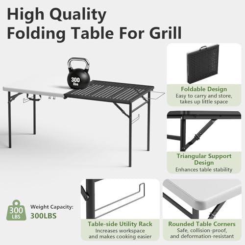 Folding Table 2 Pack, 5ft Folding Grill Table, Portable Camping Table for Cooking&BBQ Prep, 2-in-1 Metal&Solid Surface Foldable Grill Station for Camping Cooking, Backyard, Patio Use(Black and White)