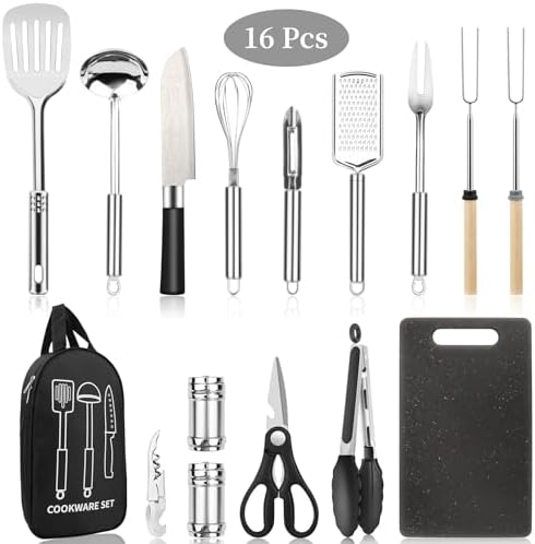 Camping Cooking Utensils Set, Stainless Steel Grill Tools, Camping BBQ Cookware Gear and Equipment for Travel Tenting RV Van Picnic Portable Kitchen Essentials Accessories