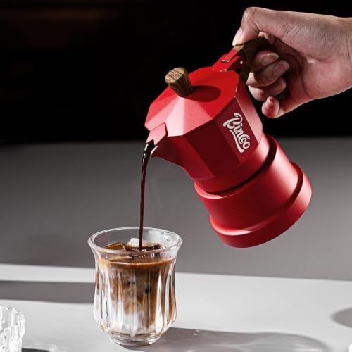 Bincoo Three-valve Espresso Maker Stovetop,2 Cups Camping Moka Pot Espresso Italian Coffee Maker,Rich Crema,Easy to Use (Red)