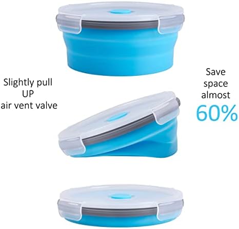 Collapsible Food Storage Containers Round with Airtight Lid, 27 oz, Kitchen Stacking Silicone Collapsible Meal Prep Container Set for Leftover, Microwave Freezer Dishwasher Safe, Blue, Set of 4
