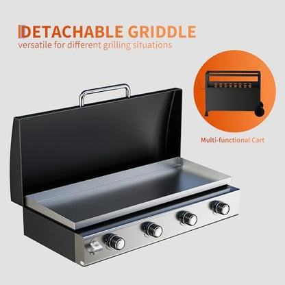 4-Burner Propane Gas Griddle – 32,000 BTU Convertible Flat Top Grill with Hood & Removable Cart – Portable for Camping, Tailgating, Backyard