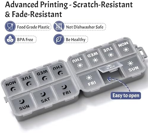 Foldable Portable 7 Day Pill Organizer 2 Times a Day, AM PM Weekly Pill Box