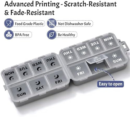 Foldable Portable 7 Day Pill Organizer 2 Times a Day, AM PM Weekly Pill Box