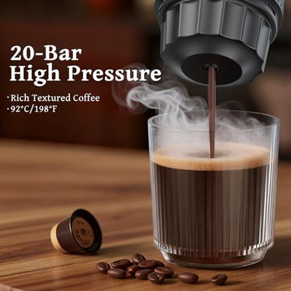 Portable Coffee Maker, 20-Bar 3-in-1 Travel Coffee Machine with 7500mAh Battery, Compatible with Ground Coffee & Capsules for Camping, RV, Hiking, Car & Office
