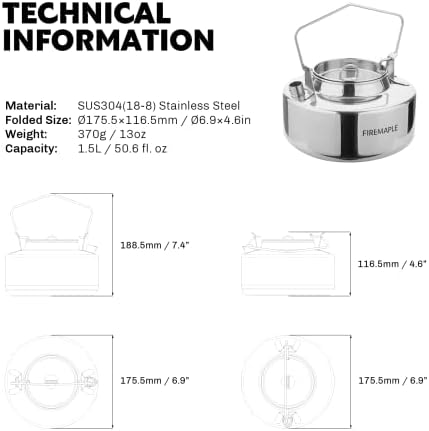 Fire-Maple Antarcti Camping Kettle Stainless Steel Camp Tea Pot, 1.5L