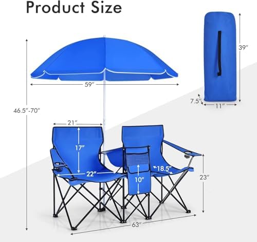 Goplus Double Camping Chair with Umbrella, Folding Loveseat Chairs w/Canopy Shade, Carrying Bag, Table, Cup Holder, Portable Beach Chairs Outdoor Picnic Patio (Blue)