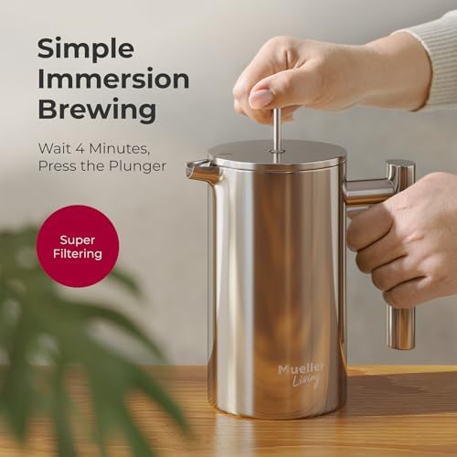 MuellerLiving French Press Coffee Maker 20oz, Stainless Steel French Press Coffee, 4 Filter Heat Resistant Double Insulated, Rust-Free, Food Grade, Dishwasher Safe Coffee Pot