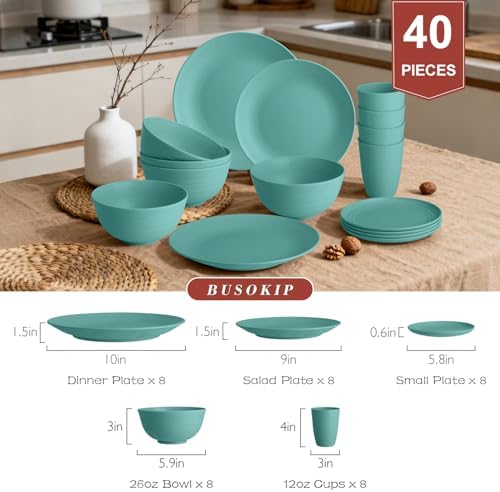 BUSOKIP40 PCS Bowls and Plates Set, Plastic Dinnerware Sets for 8- Green
