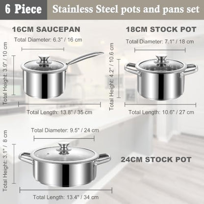 Stainless Steel pots and pans set, 6 Piece Nonstick Induction Kitchen Cookware Set, Works with Induction/Electric and Gas Cooktops, Nonstick, Oven Safe, Camping Cookware