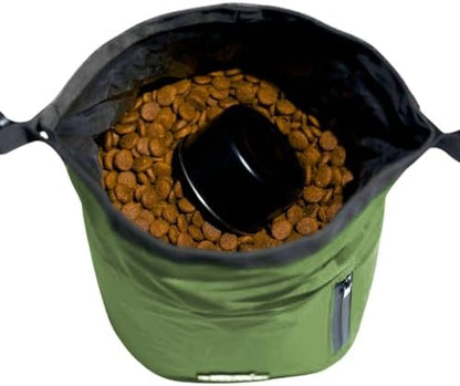 Callieco Dog Food Travel Bag w/ 1 Cup Scoop and Zipper Side Pocket | Waterproof Kibble Storage Container for Home, Road Trips, Camping, Boarding and More (Green, 64 Cups)