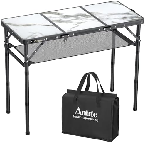 Anbte 3ft Folding Camping Table, 3 Adjustable Height Max 27.5", White