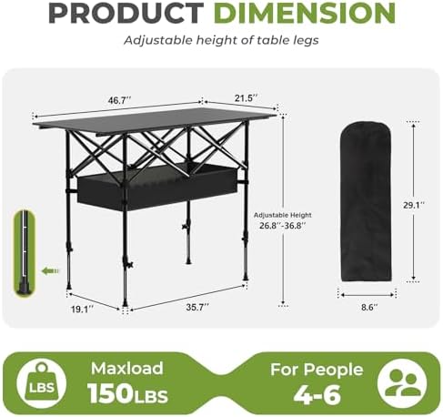 Camping Table Portable, Folding Roll-Up Picnic Table with Carry Bag & Detachable Storage Pockets, Lightweight Outdoor Table for Camping, Backyard, Party, BBQ, Patio