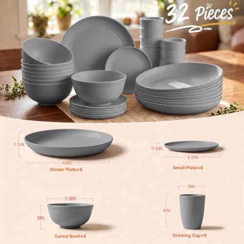 32-Piece Plastic Dinnerware Sets for 8, Dishware Sets for 8 - Grey