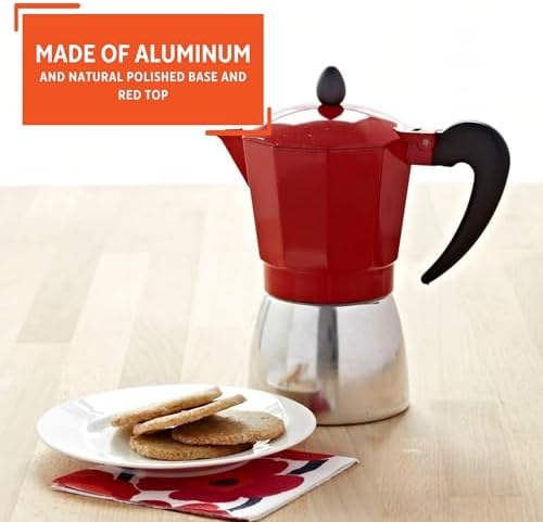 Imusa USA Red Aluminum Stovetop 6-cup Classic Italian and Cuban Espresso Maker (B120-43T), Silver/Red