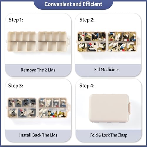 Foldable Portable 7 Day Pill Organizer 2 Times a Day, AM PM Weekly Pill Box