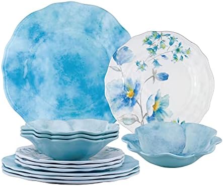 UPware 12 Piece Campanula Melamine Dinnerware Sets, Outdoor Dishes Set, Plates and Bowls Sets, Service for 4, Sky Blue