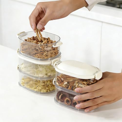 5-Layer Stackable Spice Storage Box - Space-saving Food Containers with Easy Lock Lids, Condiment Organizer Box for Seasoning Cereal Coffee Beans, Family Gathering Picnic Party Camping Use (Beige)