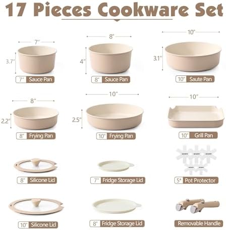 SENSARTE 17 Piece Ceramic Detachable Handle Pots and Pans Set Almond Beige