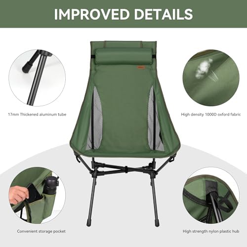High Back Camping Chair for Adults, Folding Chair Supports 440 lbs, Lightweight Portable Backpacking Chair with Adjustable Pillow for Hiking & Camping
