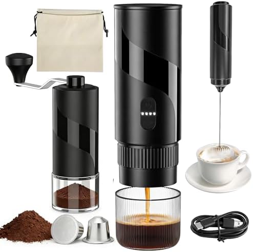 Portable Coffee Maker Set - Travel Coffee Maker, Electric Espresso Machine for Camping, Travel, Car, RV, Hiking, with Ground Coffee & Capsule Accessories, Milk Frother, Grinder, Gift for Coffee Lover