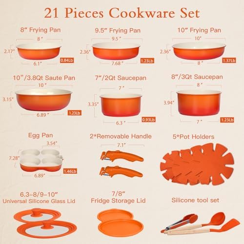 GIPP Pots and Pans Set Non Stick,Kitchen Cookware Set Detachable Handle, Non Toxic Cooking Pan Set with Frying Pans Set,RV Cookware Sets for All Stoves, Orange Gradient, 21PCS